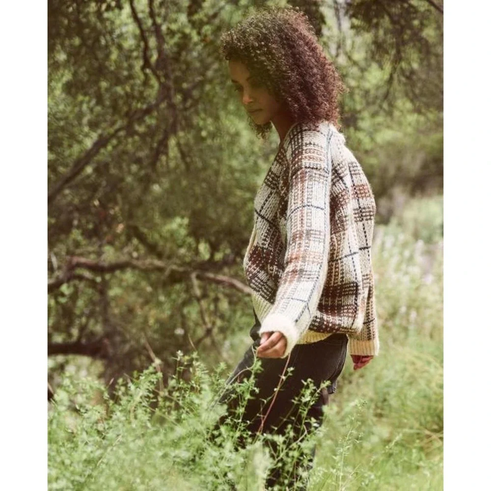 THE GREAT. | Estate Reversible Cardigan 3/Large Toasted Plaid Alpaca Wool Blend - Picture 5 of 15